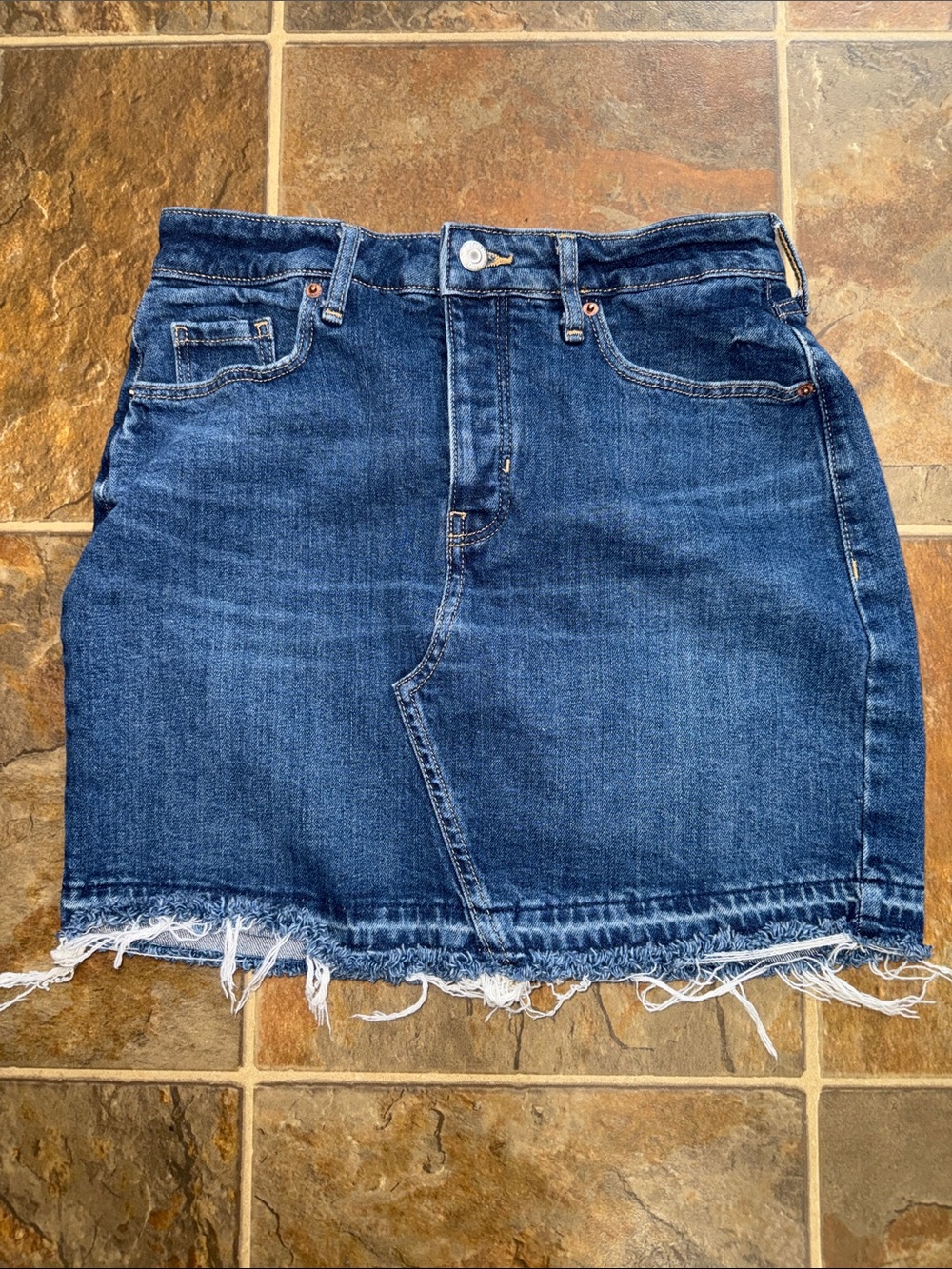 Old Navy Dark Blue Denim Mini Skirt with Frayed Hem and button fly
